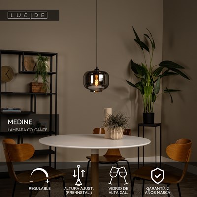 Lucide MEDINE - Lámpara colgante - Ø 25 cm - 1xE27 - Ahumado